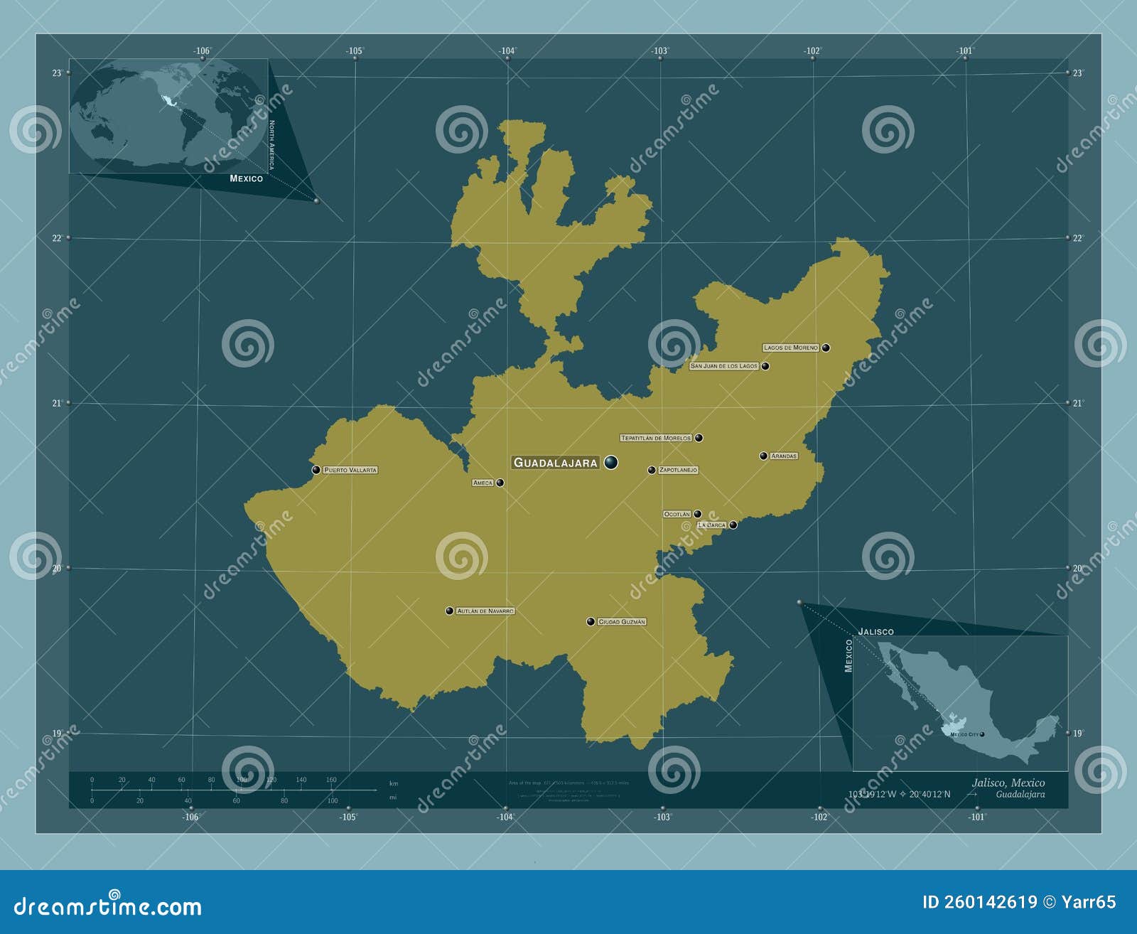 Jalisco, Mexico. Solid. Labelled Points of Cities Stock Illustration Illustration of mejia