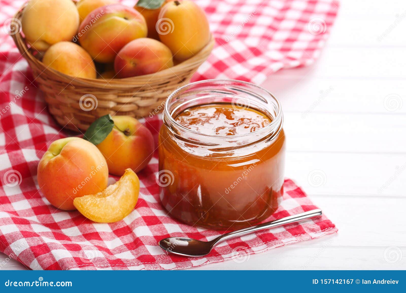 Jam in jar and apricots stock image. Image of cutout 157142167