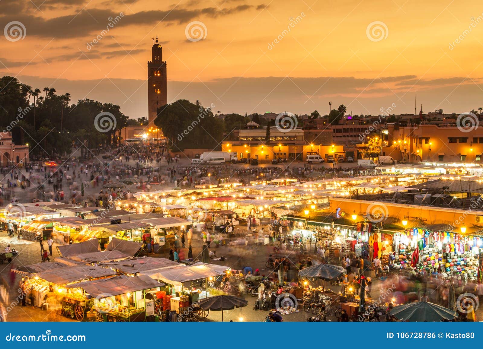 jamaa el fna market square in sunset, marrakesh, morocco, north africa.