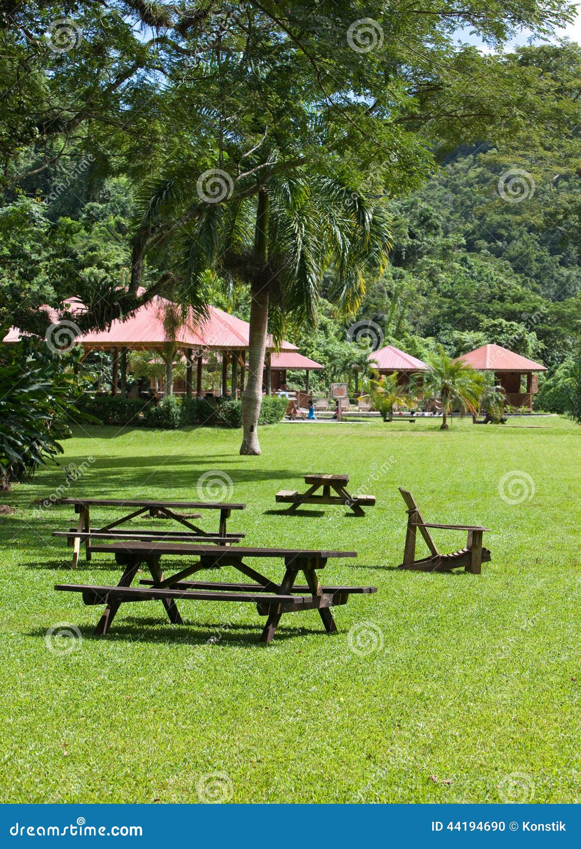 Jamaica. Benches for Rest in Park on a Green Lawn Stock Photo Image