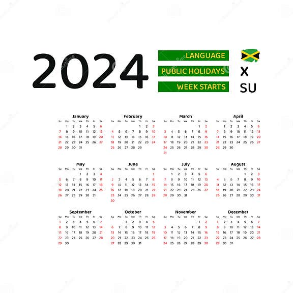 Jamaica Calendar 2024. Week Starts from Sunday. Vector Graphic Design