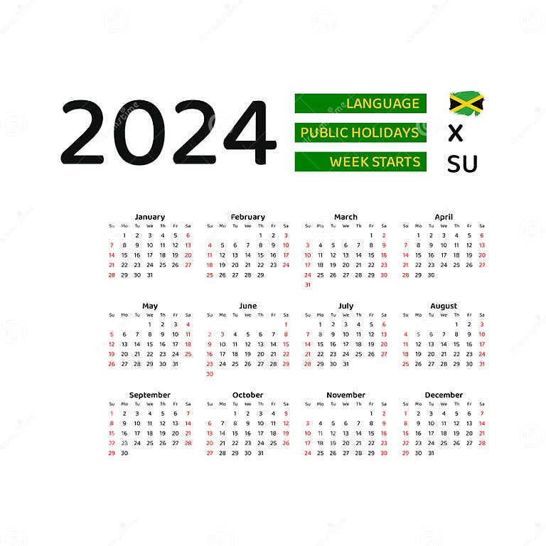 Jamaica Calendar 2024. Week Starts from Sunday. Vector Graphic Design