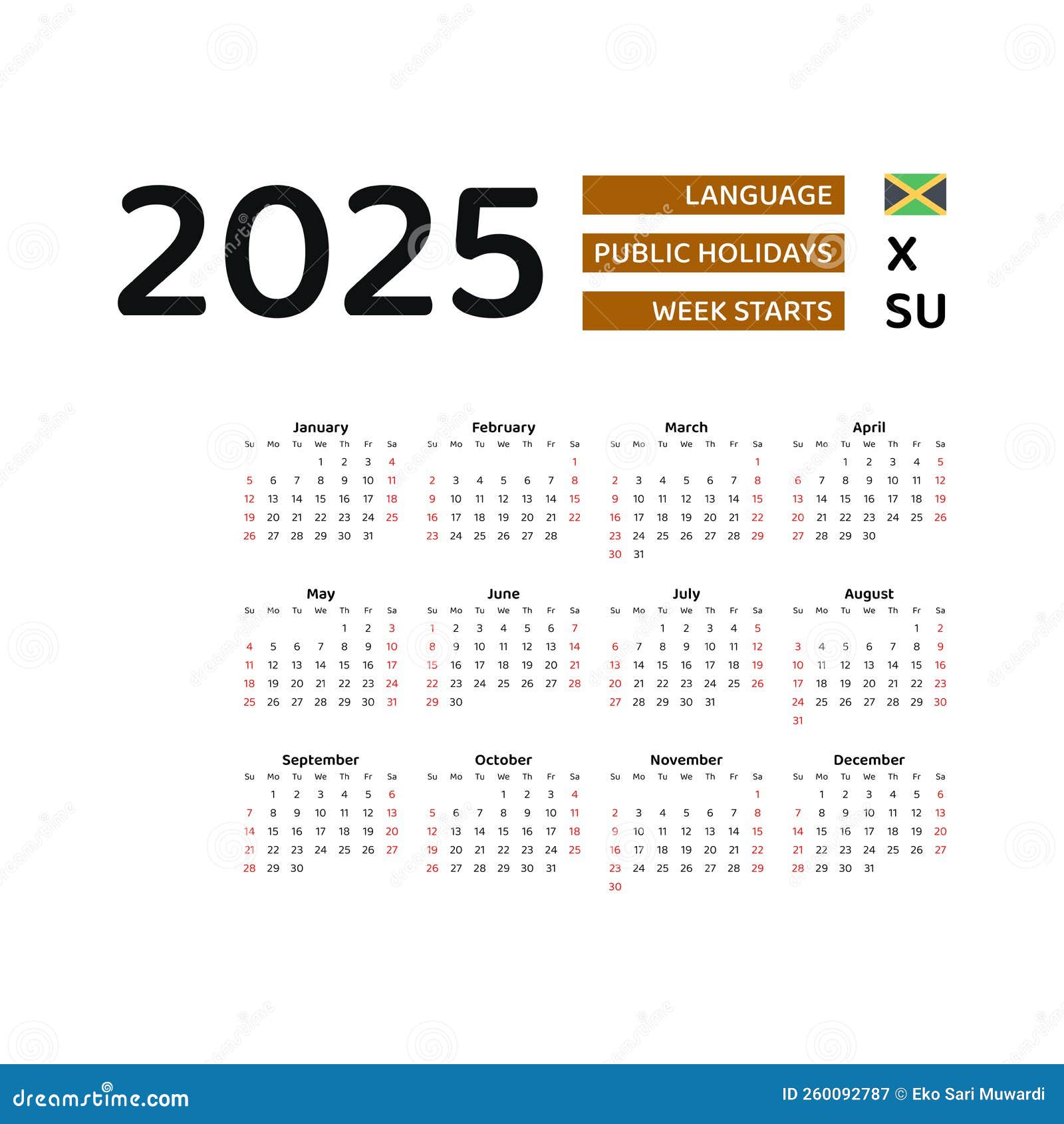 jamaica-calendar-2025-week-starts-from-sunday-vector-graphic-design-stock-illustration