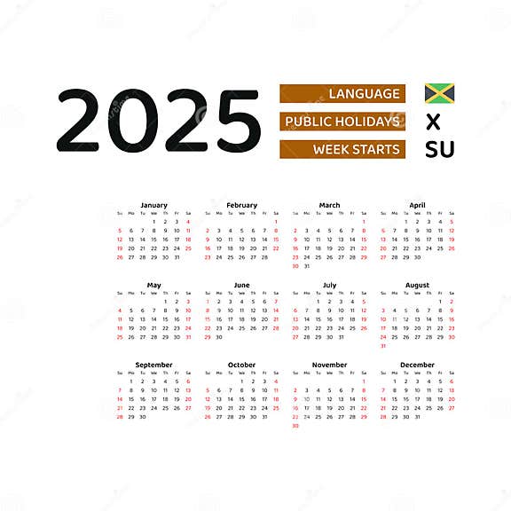 Jamaica Calendar 2025. Week Starts from Sunday. Vector Graphic Design