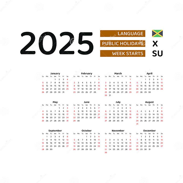 Jamaica Calendar 2025. Week Starts from Sunday. Vector Graphic Design