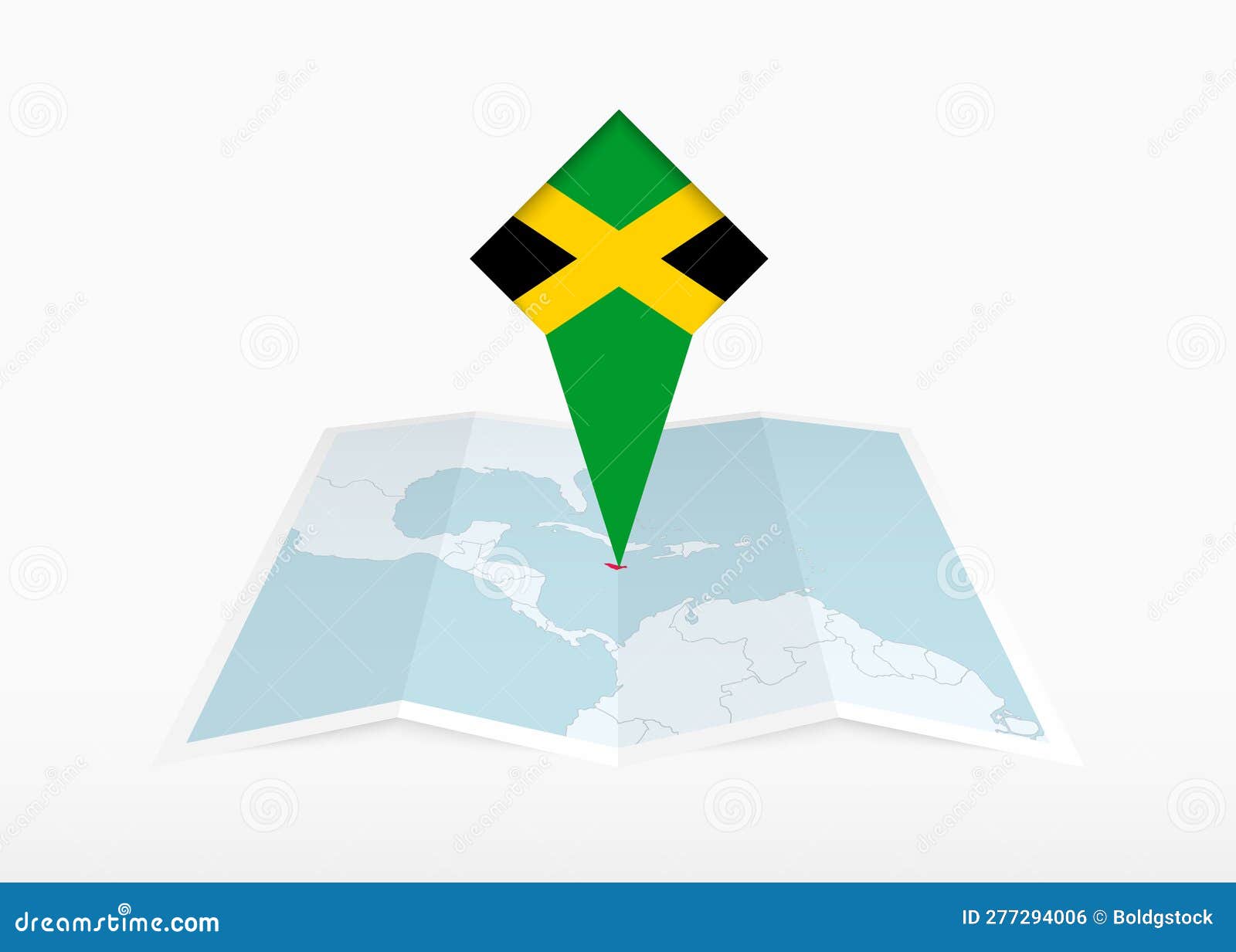 Jamaica is Depicted on a Folded Paper Map and Pinned Location Marker