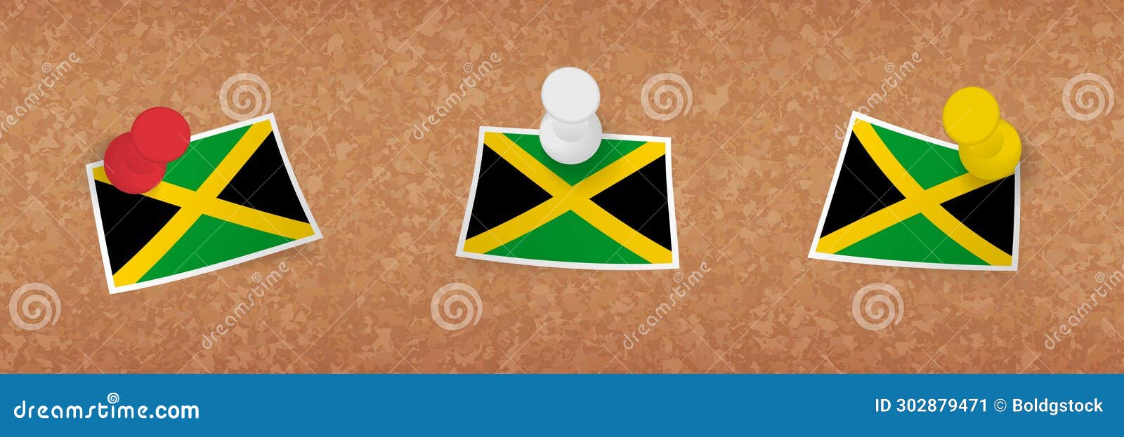 Jamaica Flag Pinned in Cork Board, Three Versions of Jamaica Flag Stock