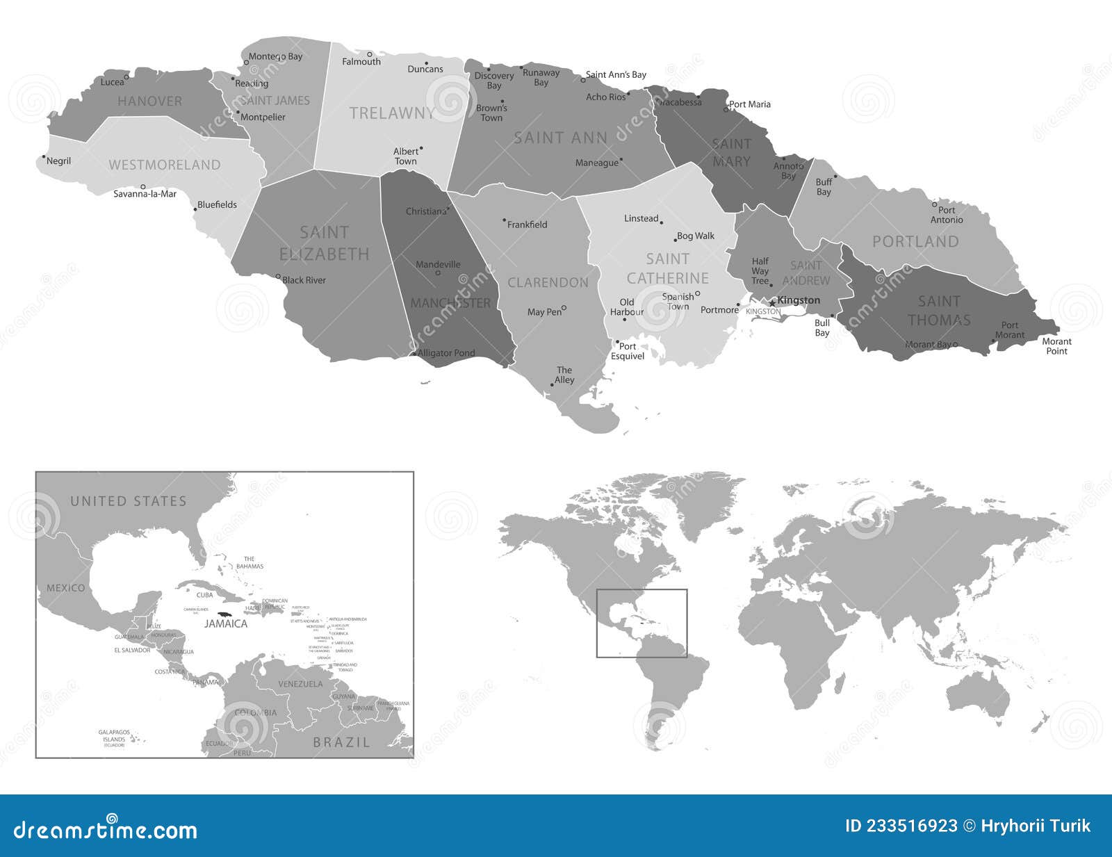 Jamaica Highly Detailed Black and White Map. Stock Vector