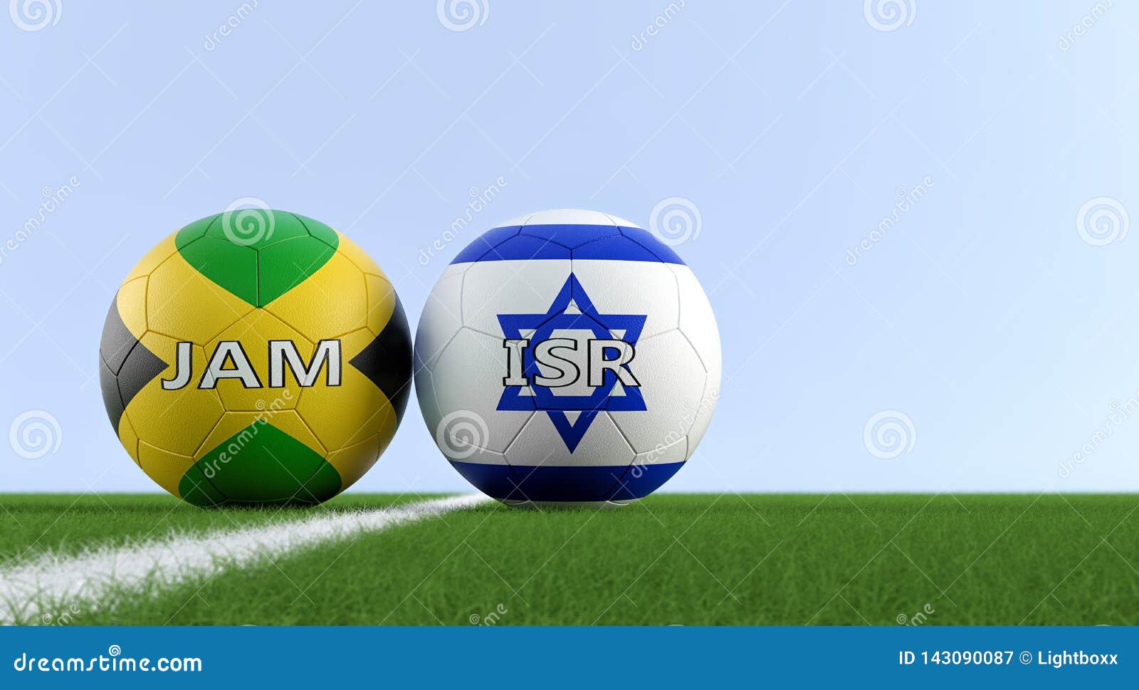 jamaica vs. israel soccer match - soccer balls in jamaicas and israels national colors on a soccer field.