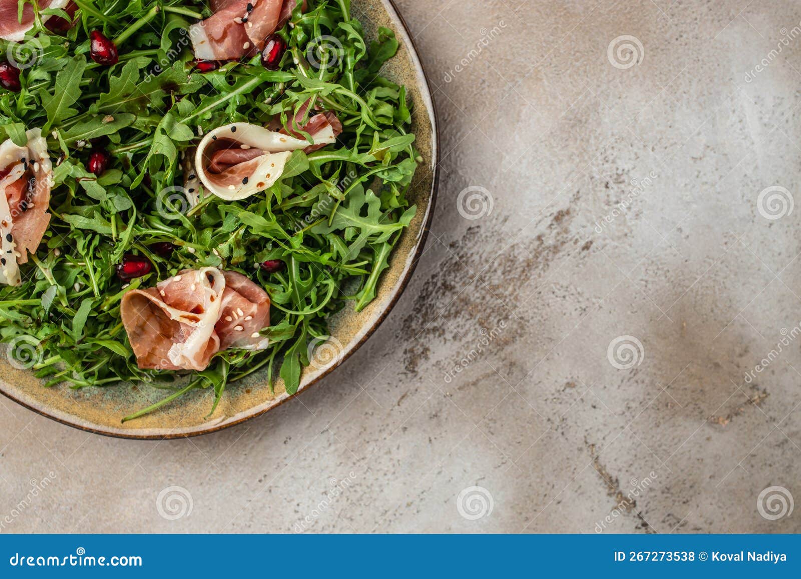 jamon, ham, rucola salad, antipasto. festive holiday food. banner, menu, recipe place for text, top view