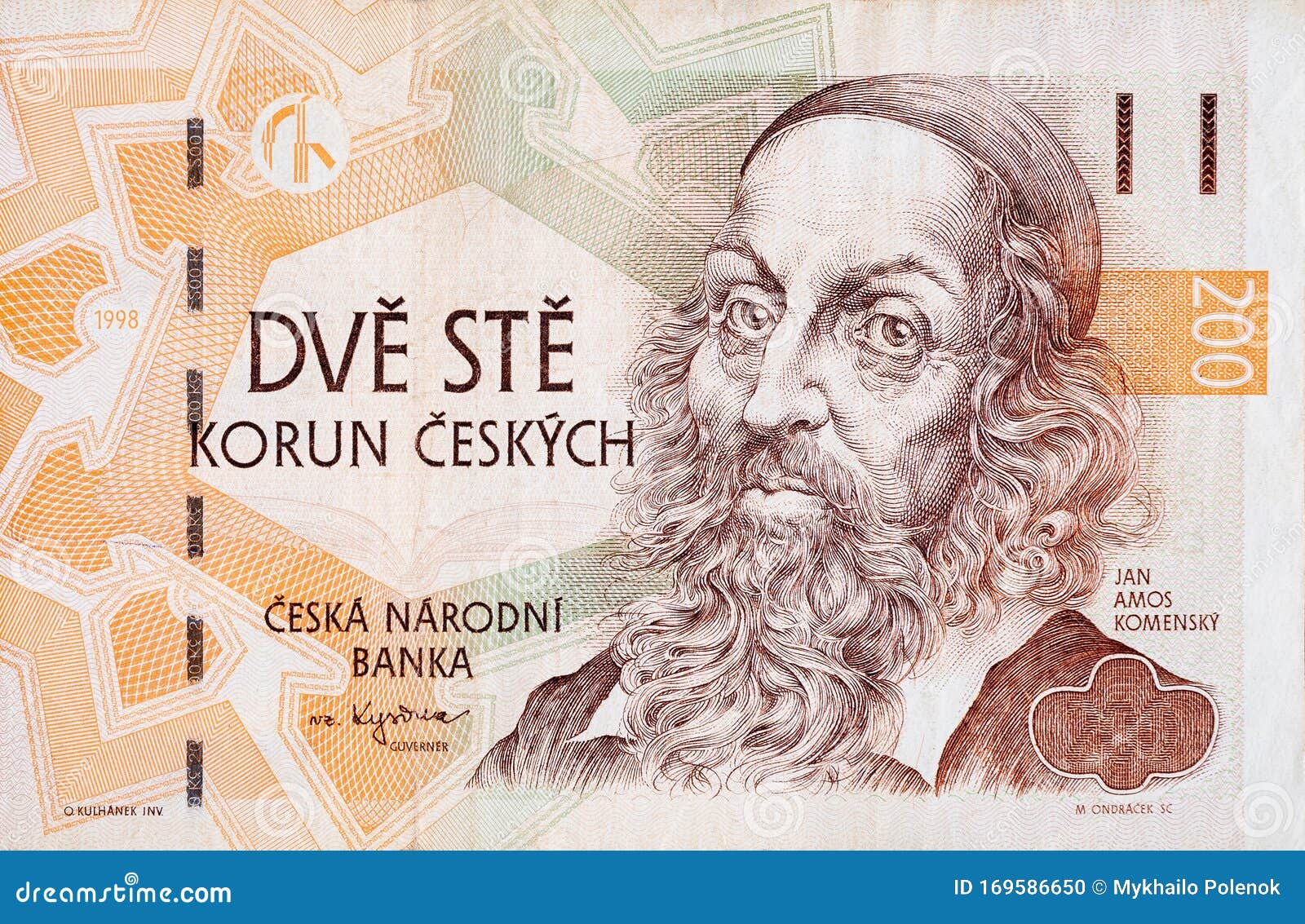 Jan Amos Komensky Portrait From Czech Money 200 Czech Korun Bank Note czech-republic-koruna