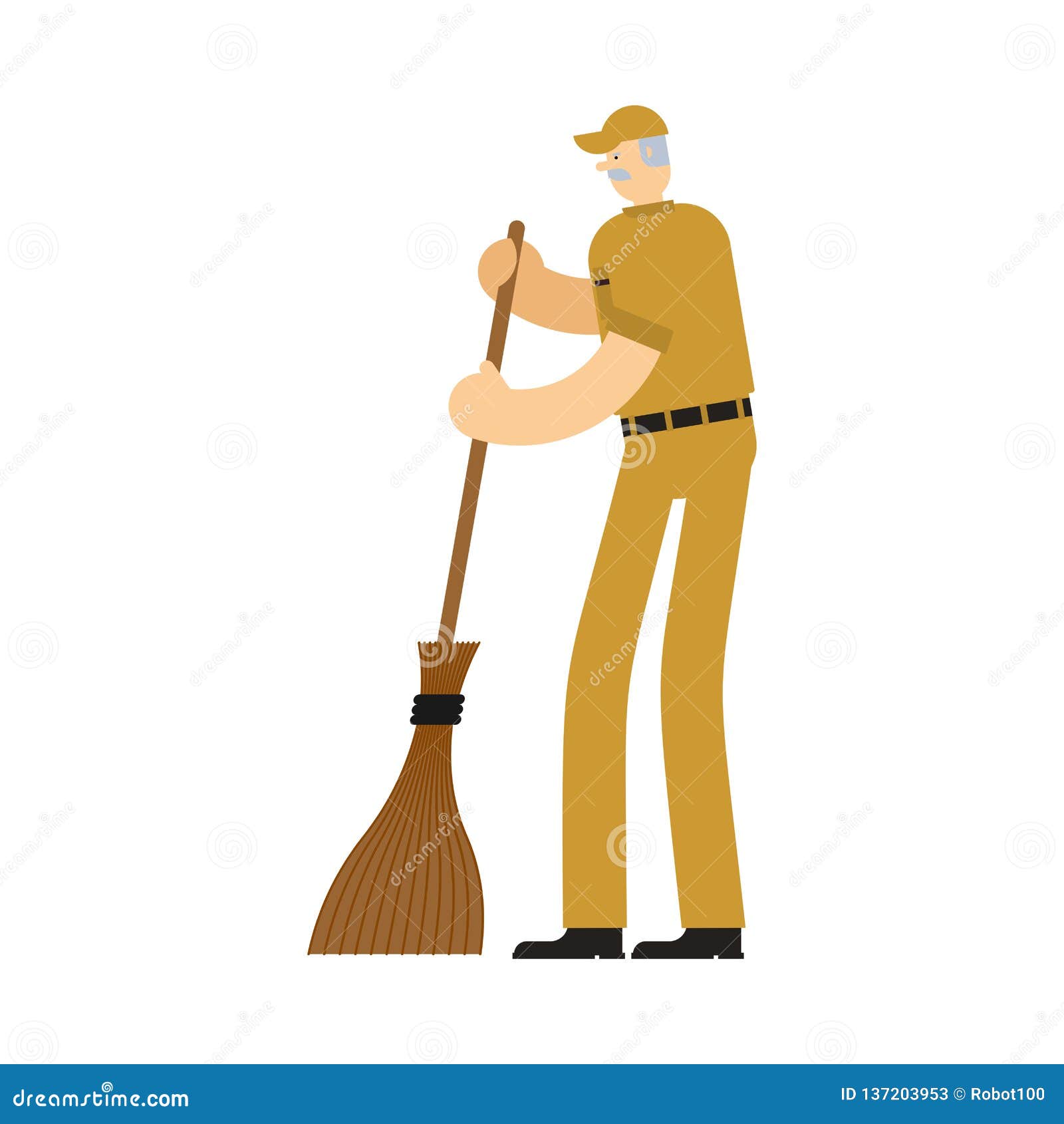 Janitor with Broom. Service Worker Man. Cleaner Man Stock Vector