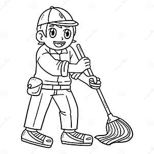 Janitor Cleaning Isolated Coloring Page For Kids Vector Illustration 