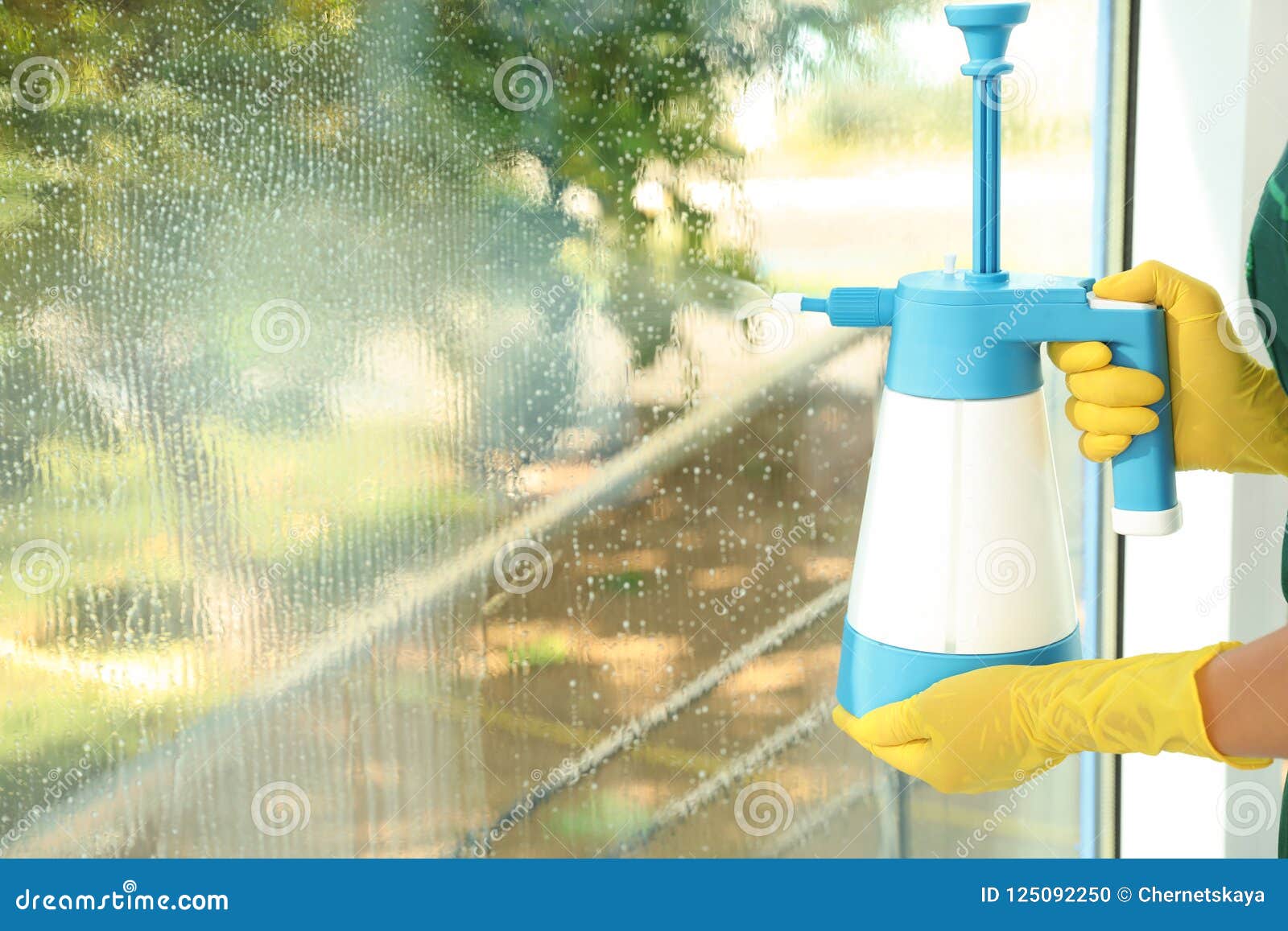 Janitor Cleaning Window with Detergent Indoors Stock Photo Image of