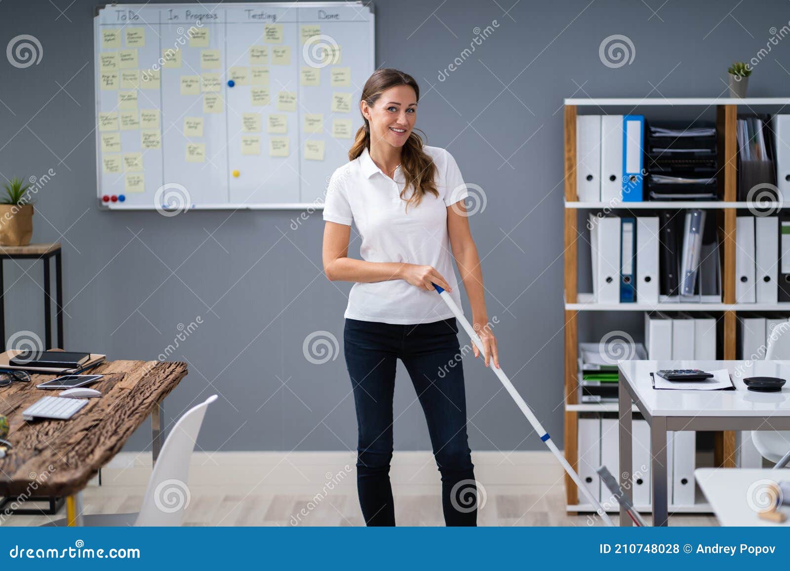 Janitor Mopping Floor in Office Stock Photo Image of women, standing