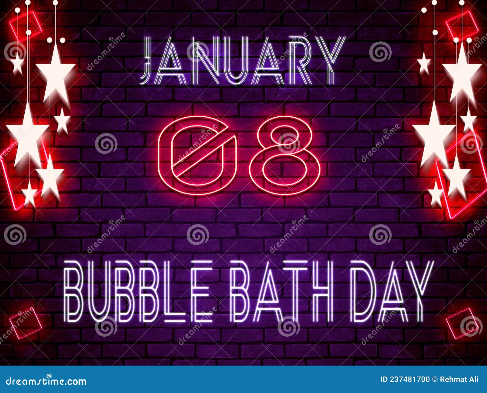 08 January, Bubble Bath Day, Neon Text Effect on Bricks Background