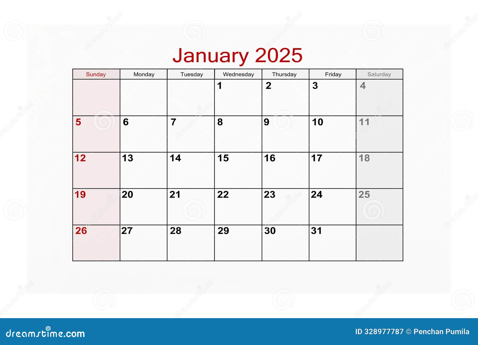 january 2025 calendar page for 2025 year  on white background, save clipping path