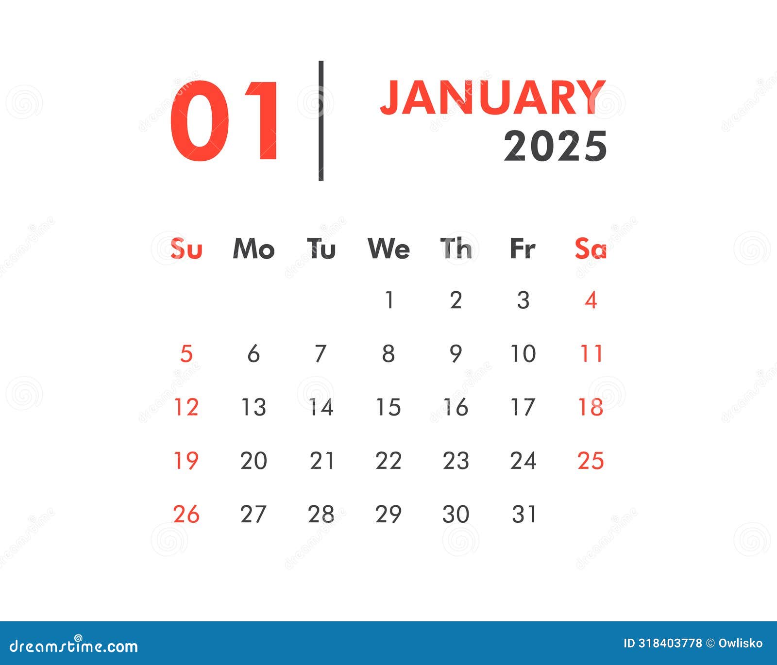 January Calendar Template for 2025 Year Stock Vector Illustration of