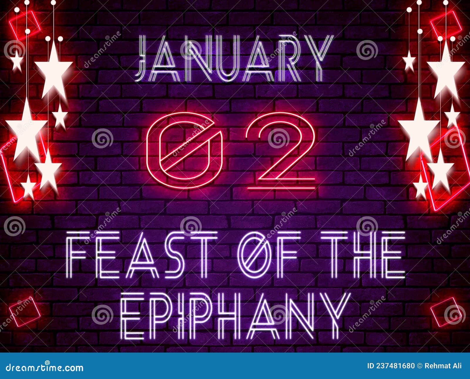 02 January, Feast of the Epiphany, Neon Text Effect on Bricks Background Stock Illustration