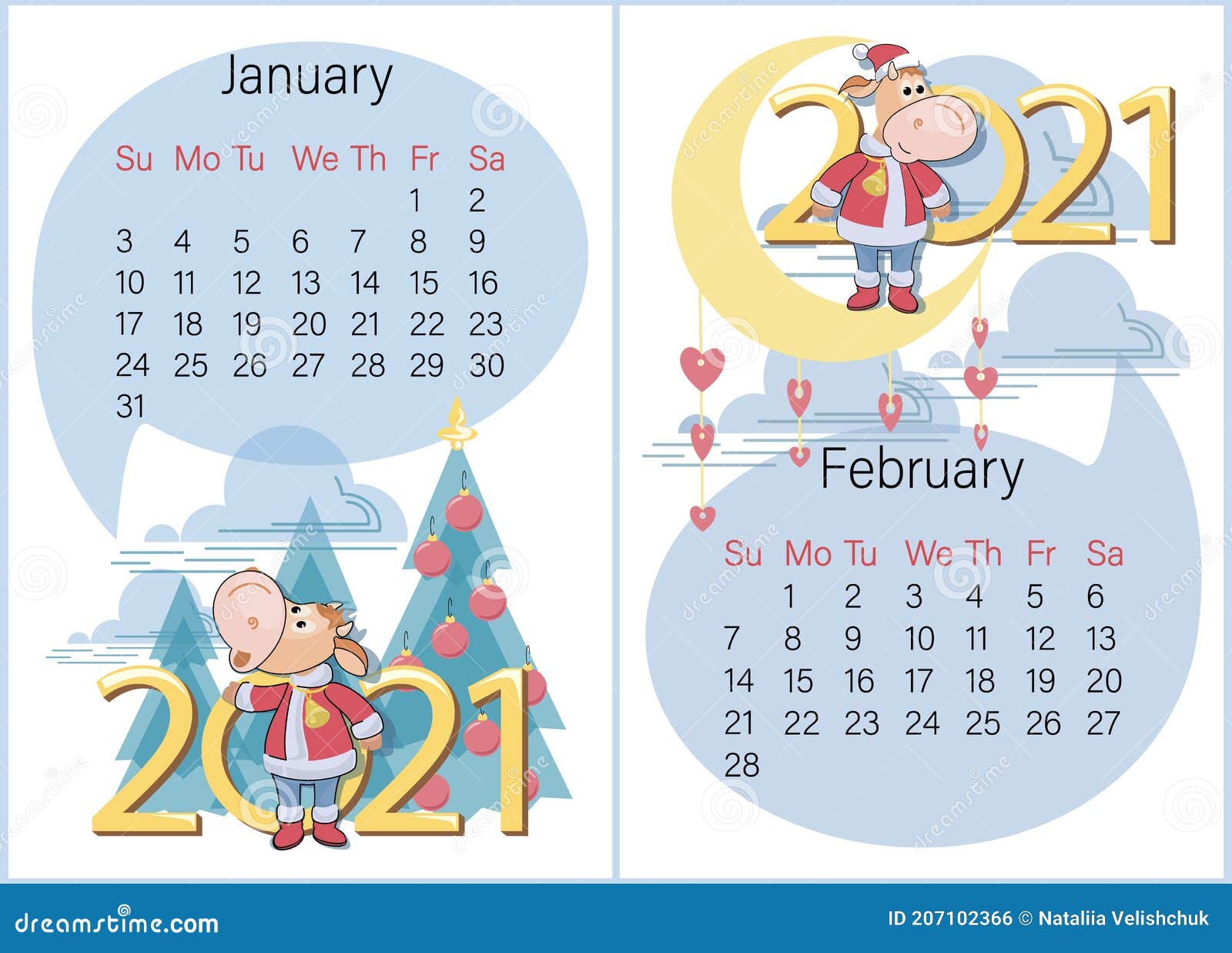 January, February 2021. Calendar. Funny Calf on Background of Christmas  Tree or Valentines and Large Numbers Stock Vector - Illustration of calf,  cartoon: 207102366