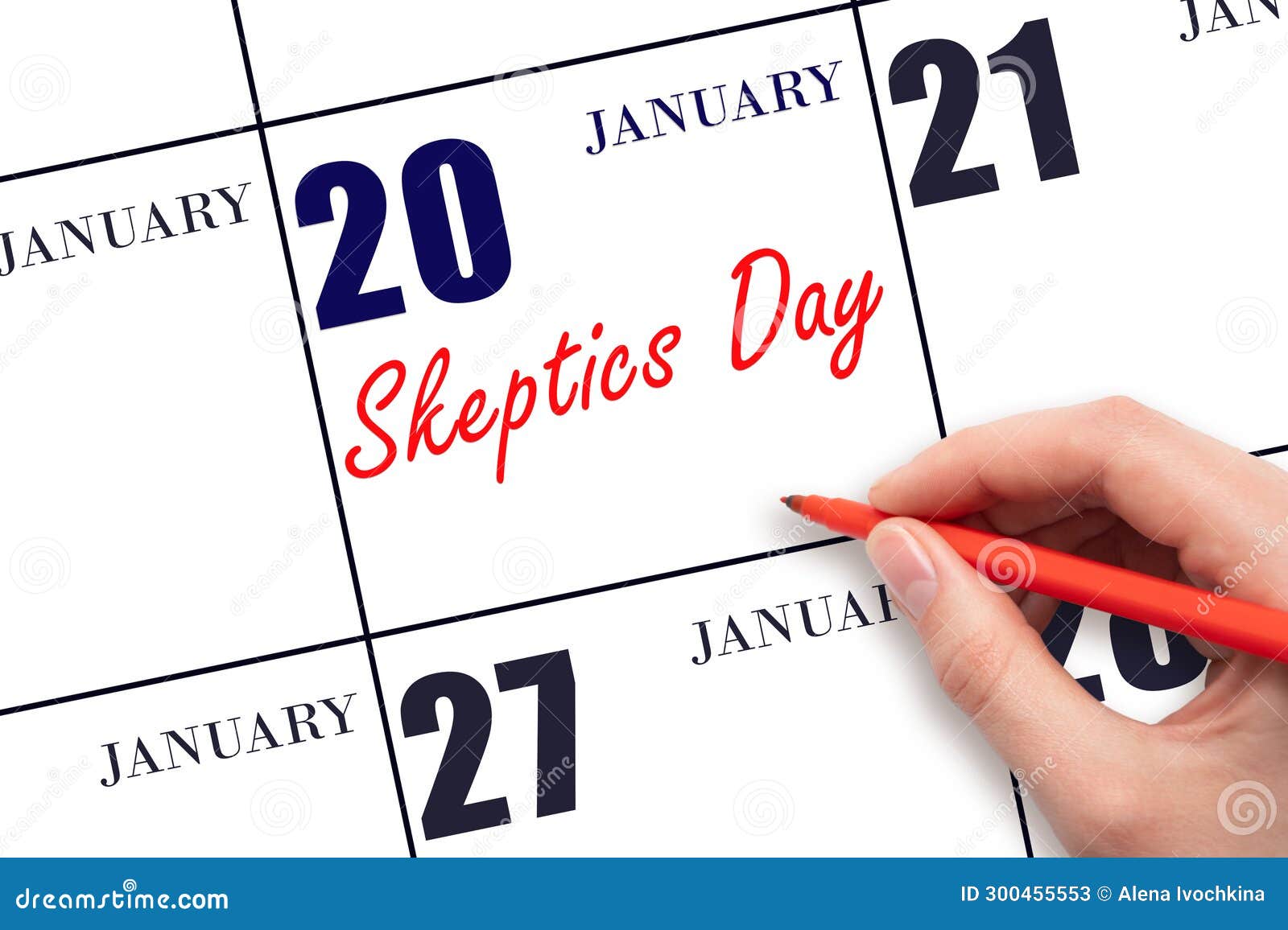 january 20. hand writing text skeptics day on calendar date. save the date.