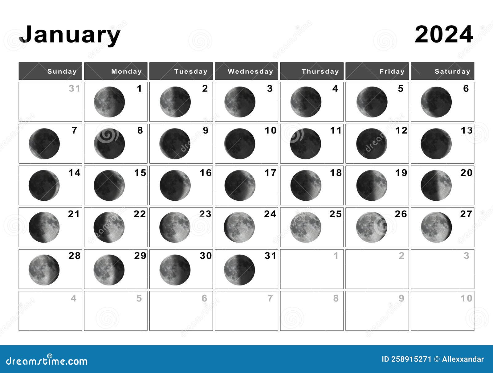 January 2024 Lunar Calendar, Moon Cycles Stock Illustration