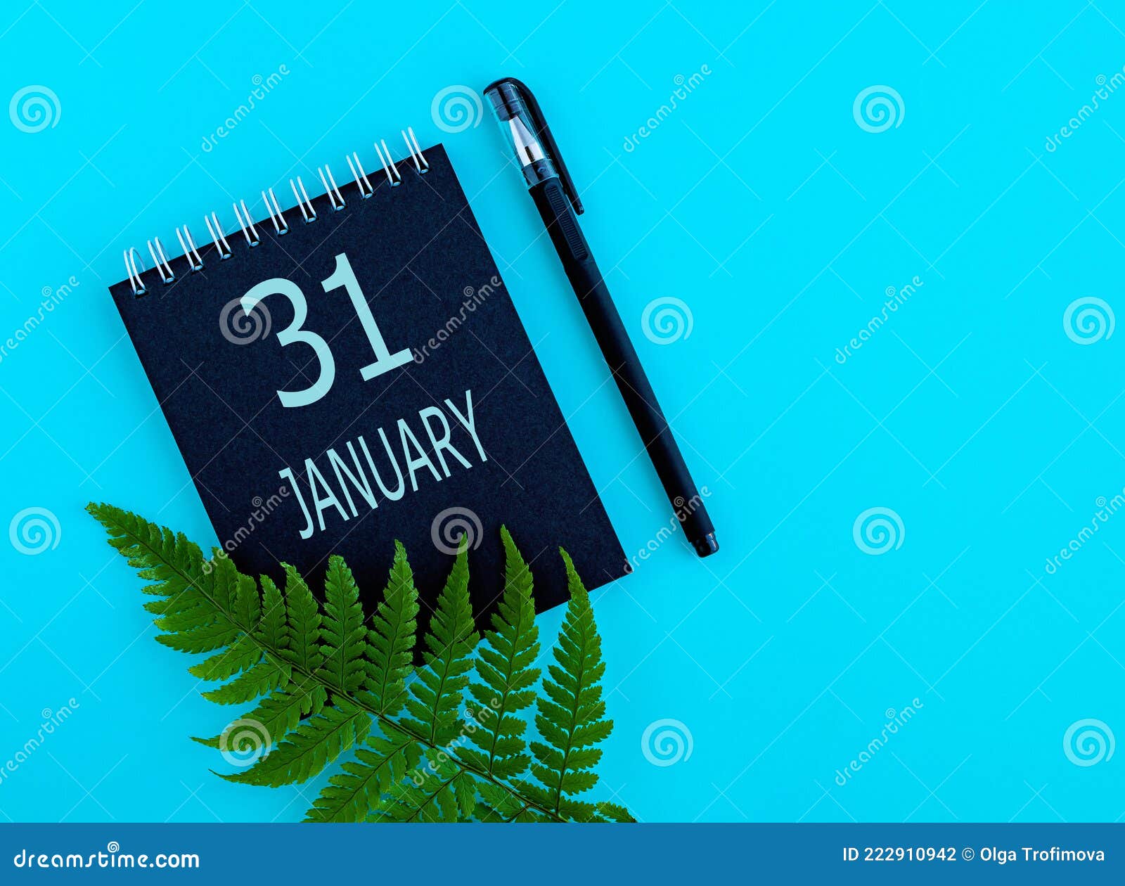 january 31th. day 31 of month, calendar date. black notepad sheet, pen, fern twig, on a blue background