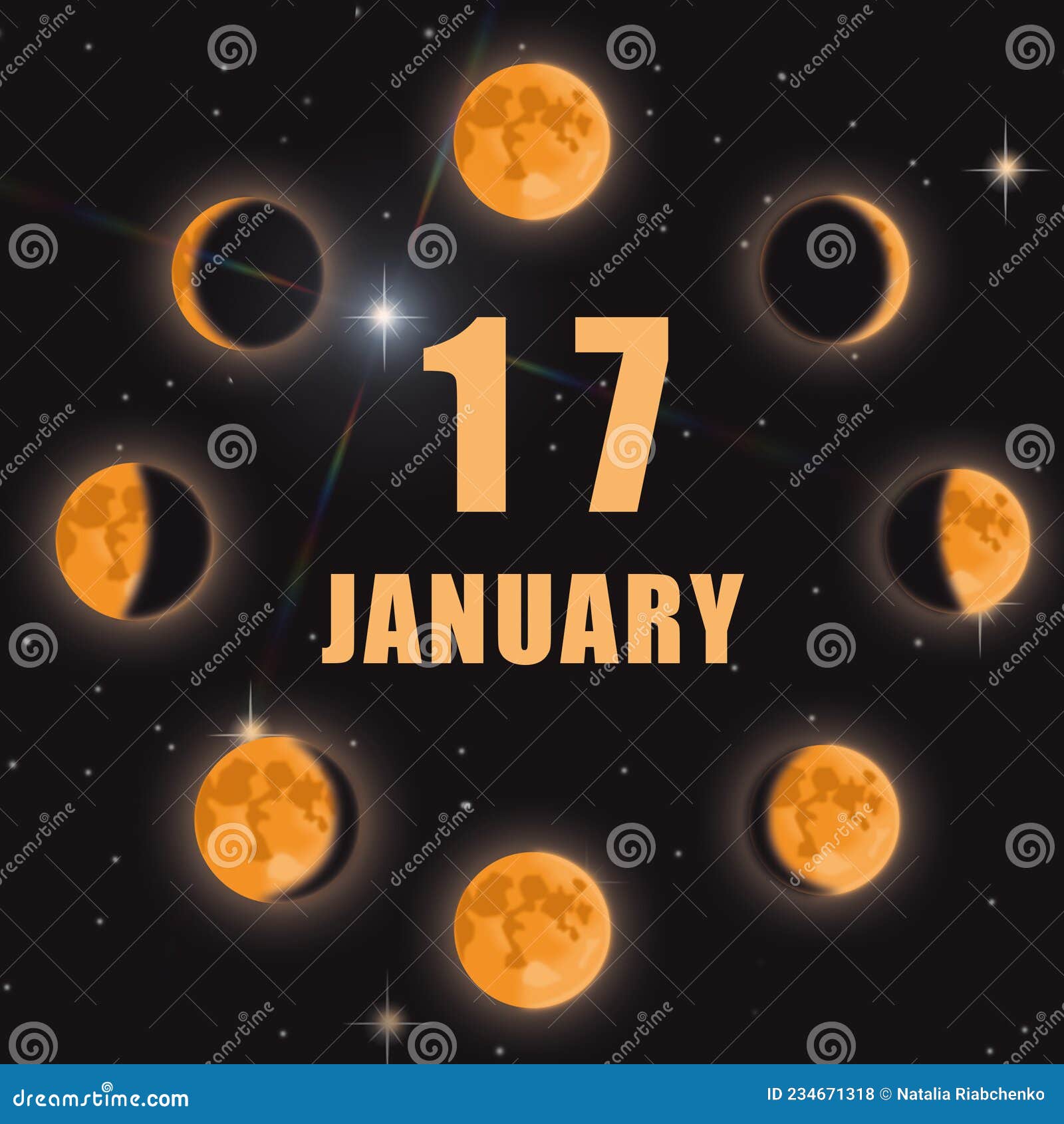 January 17. 17th Day of Month, Calendar Date.Phases of Moon on Black
