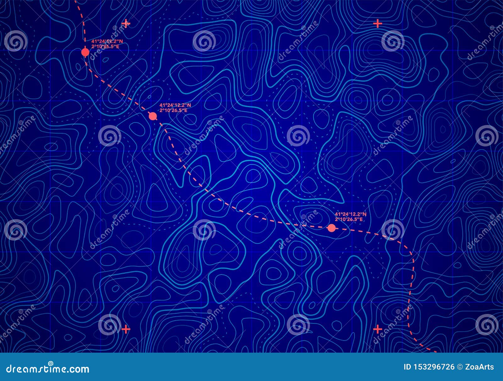  sea depth topographic map with route and coordinates conceptual user interface blue abstract background.