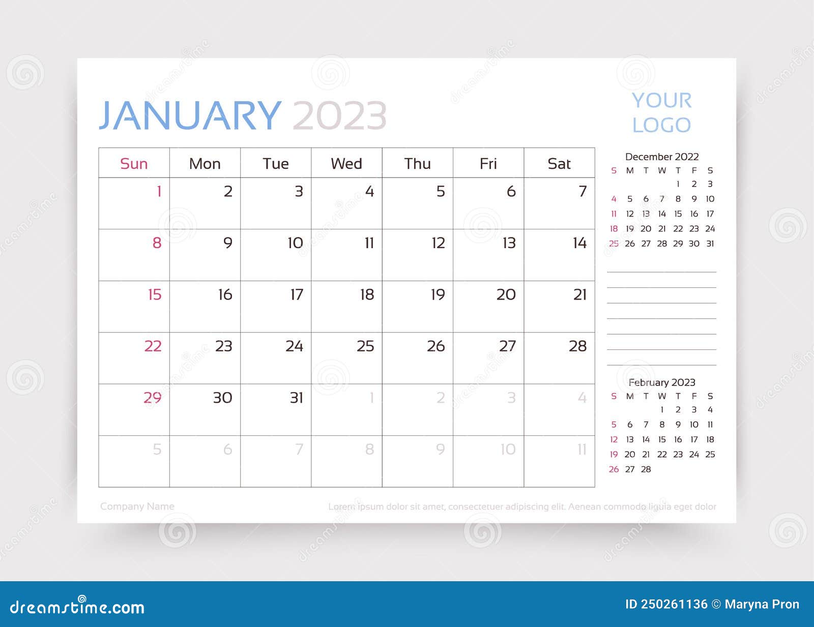 january 2023 year calendar. desk monthly planner template.  