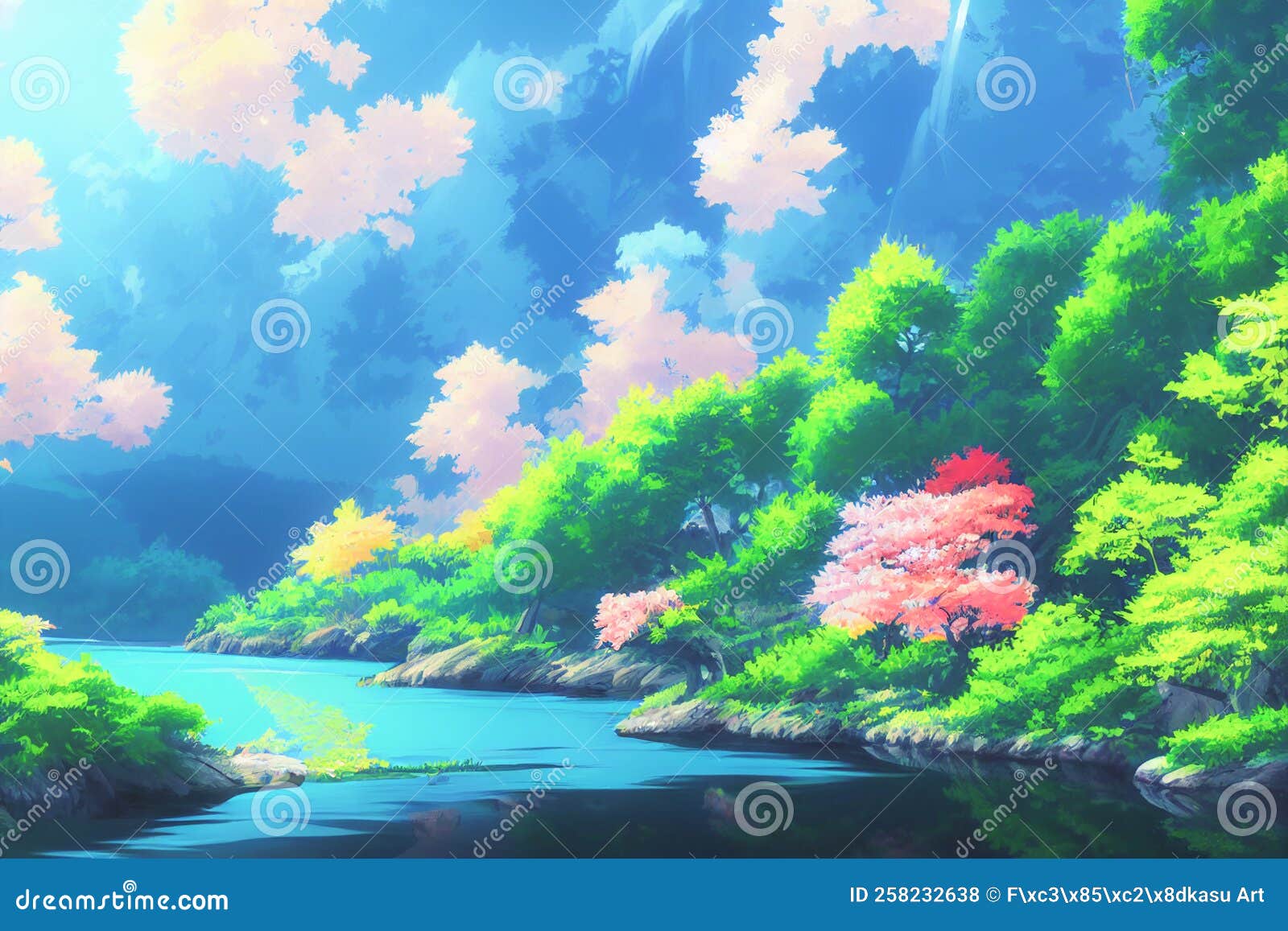 Premium Photo | Fuji mount with sakura trees and river, landscape anime  style. generated by ai