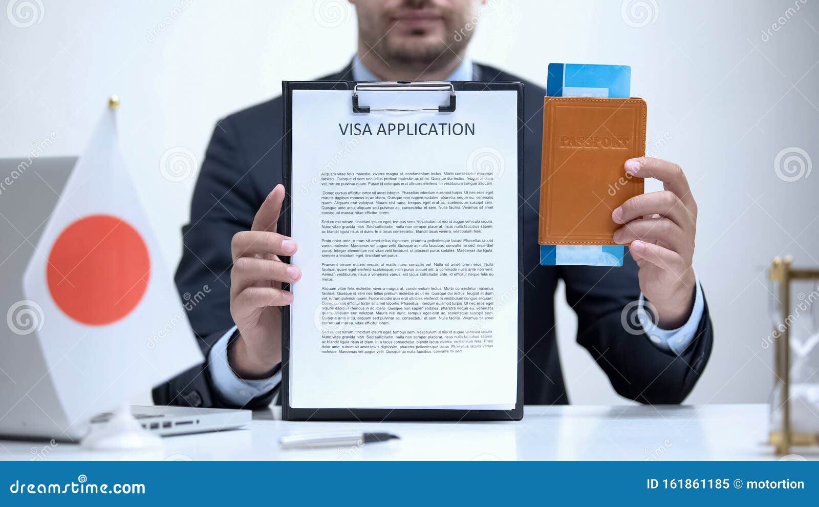 japan consular officer holding visa application and passport, tourist interview