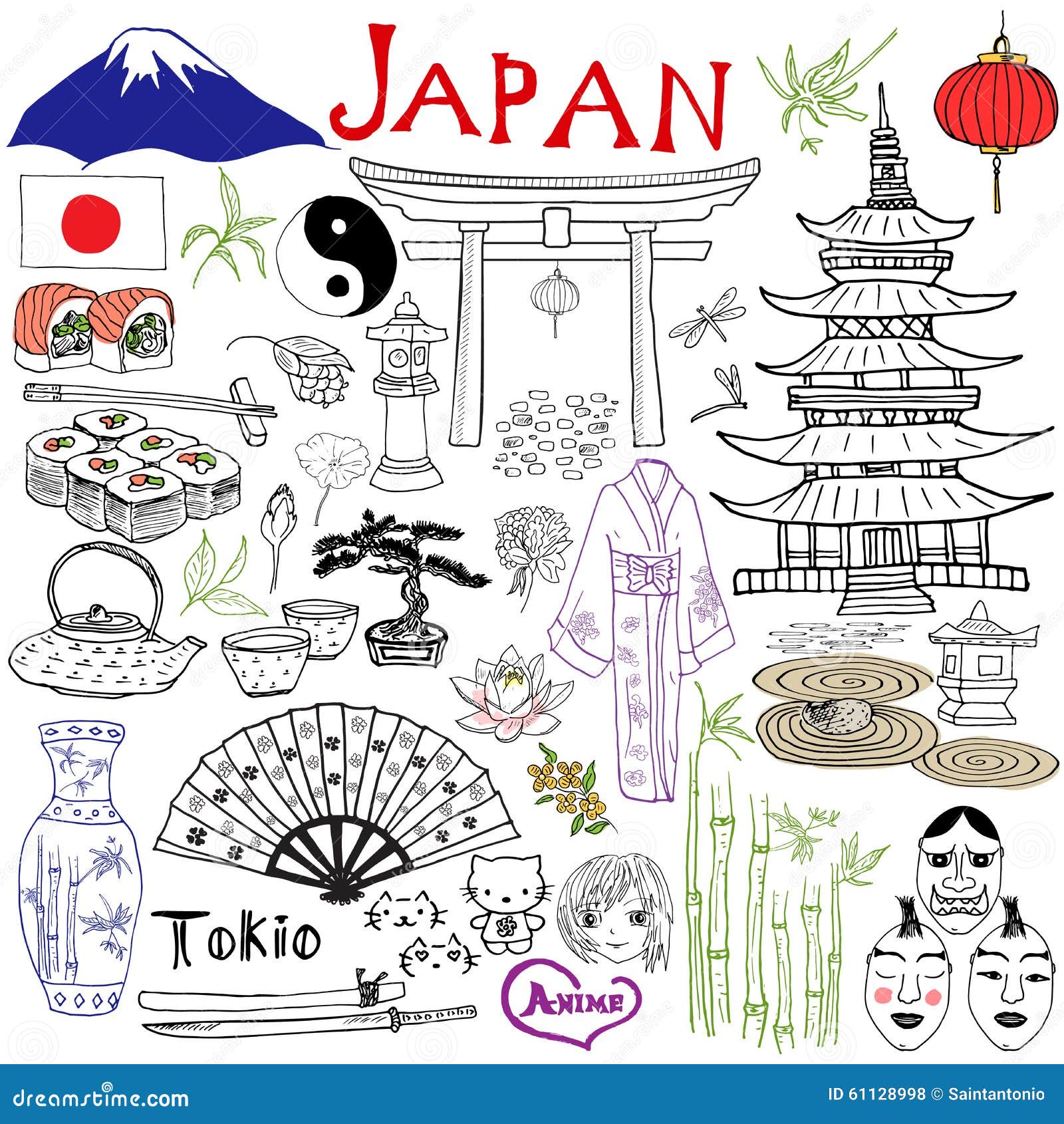 Japan Doodles Elements. Hand Drawn Set With Fujiyama ...
