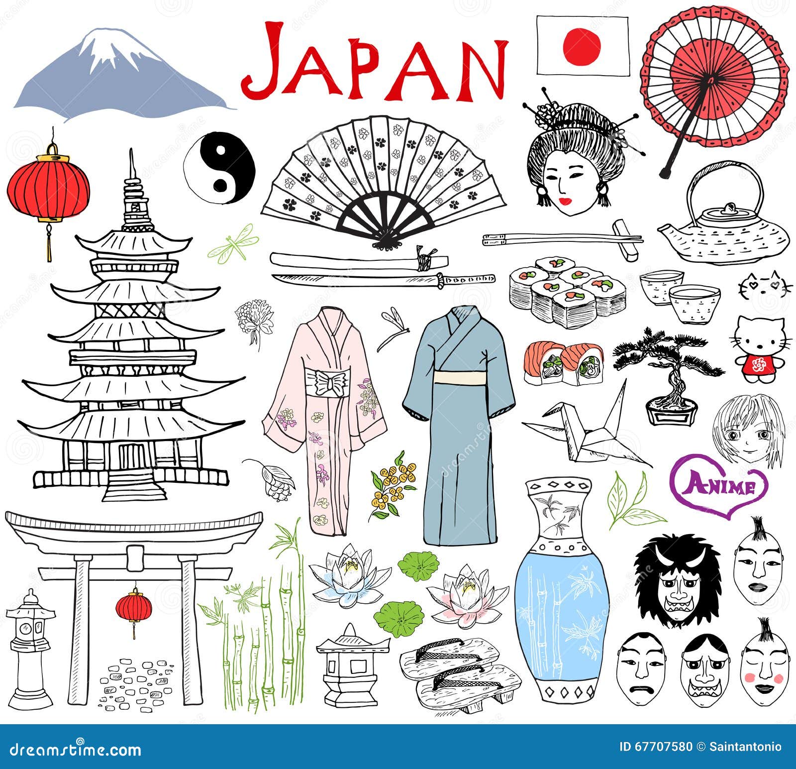 Japan Doodles Elements. Hand Drawn Sketch Set With 