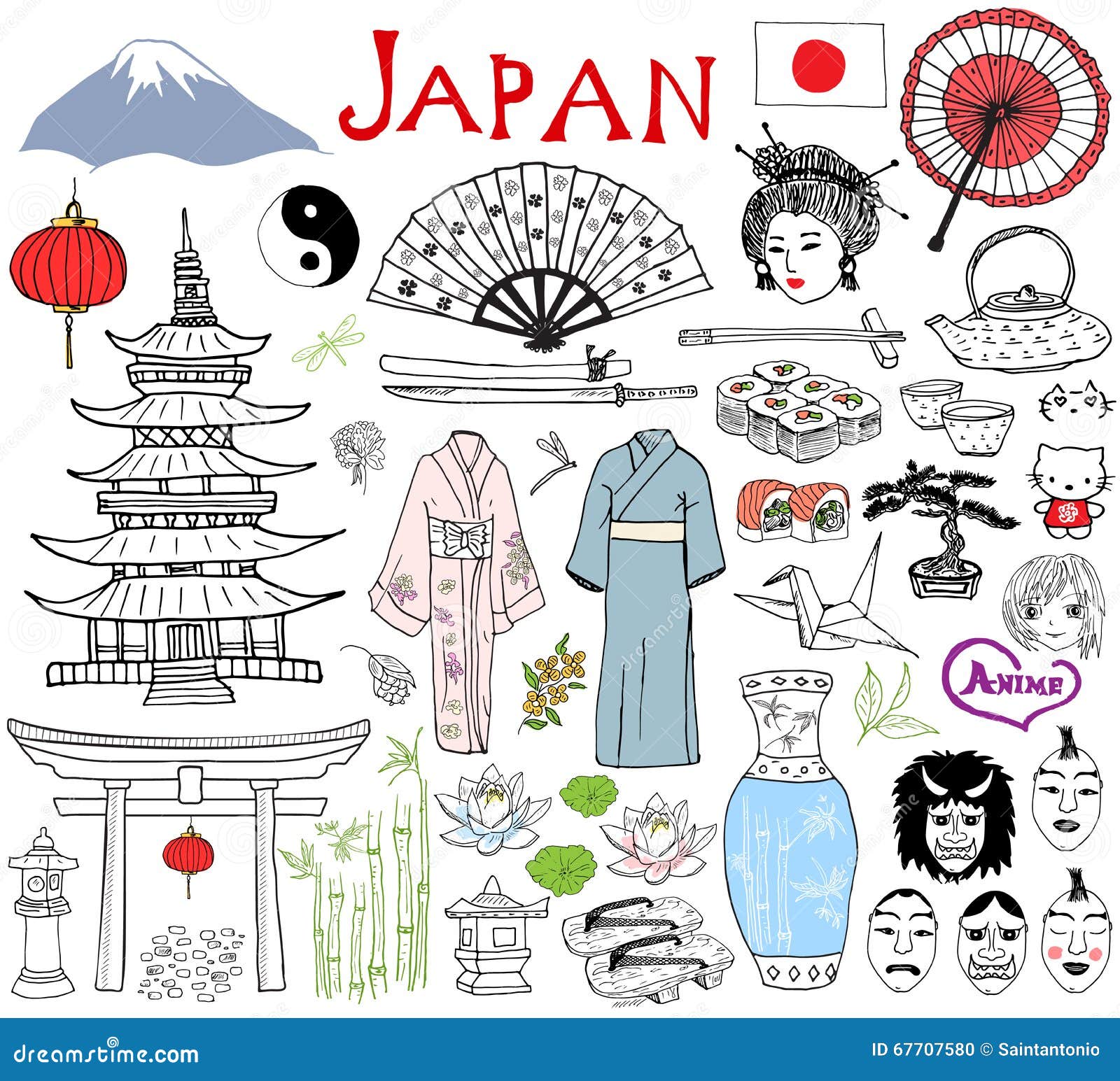 Japan Doodles Elements. Hand Drawn Sketch Set With Japan Doodles Elements. Hand Drawn Sketch Set With