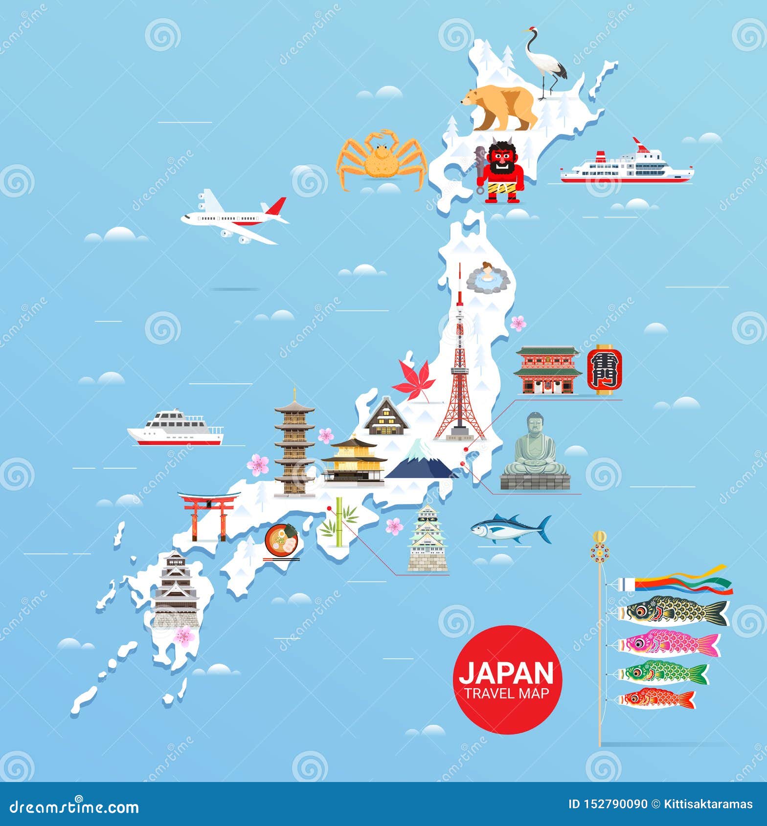 Japan Famous Landmarks Travel Map With Tokyo Tower Fuji Mountain Shrine Castle Great Buddha Temple Ferris Wheel Sakura Stock Vector Illustration Of Icon Famous 152790090