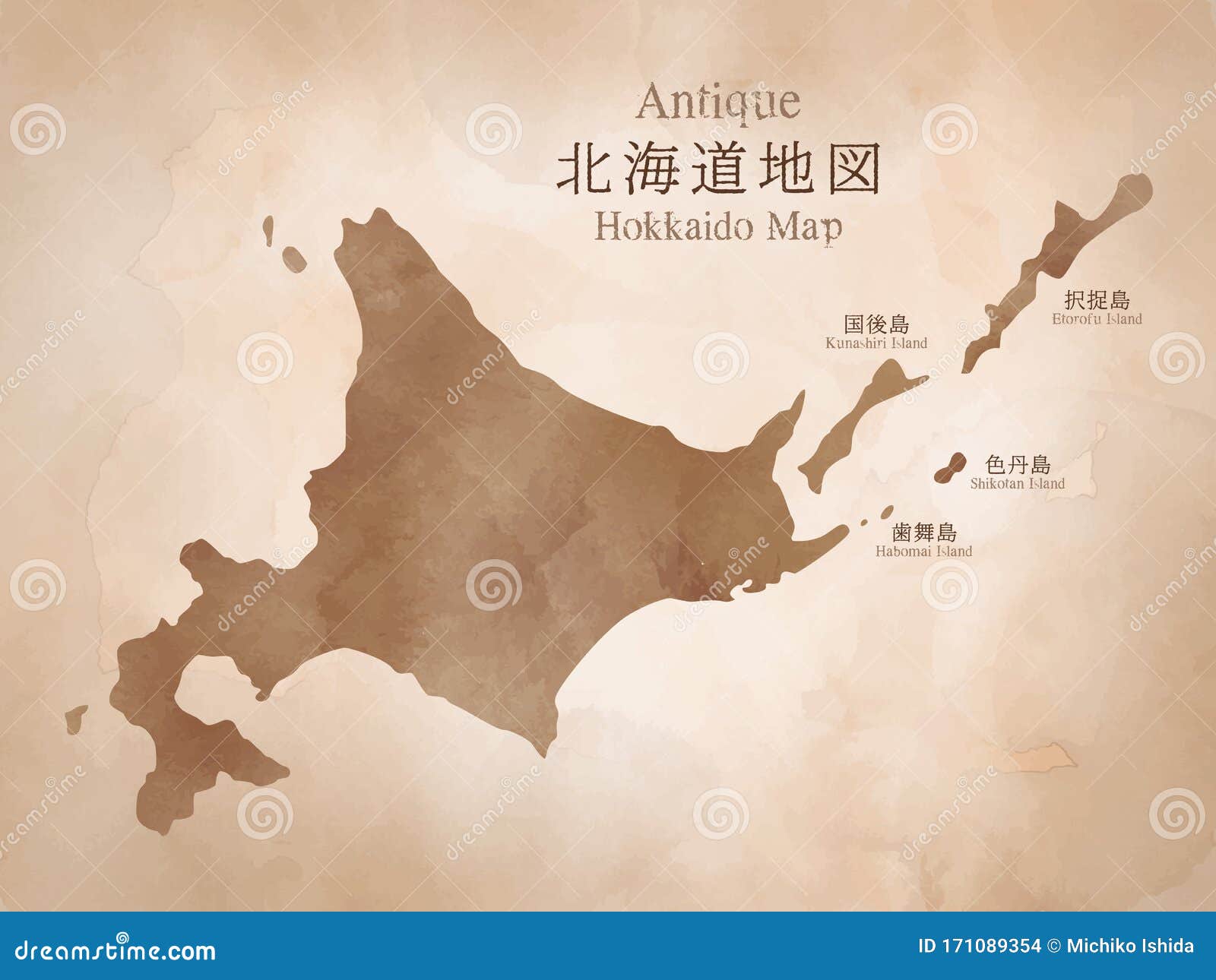 japan hokkaido region antique map with watercolor texture