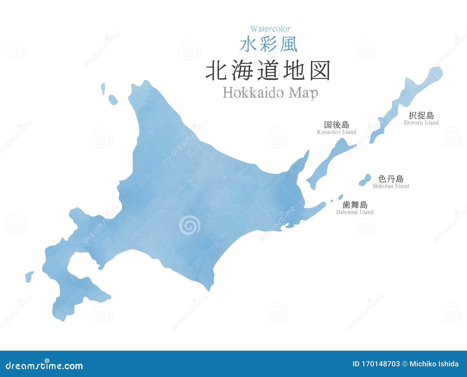 japan hokkaido region map with watercolor texture