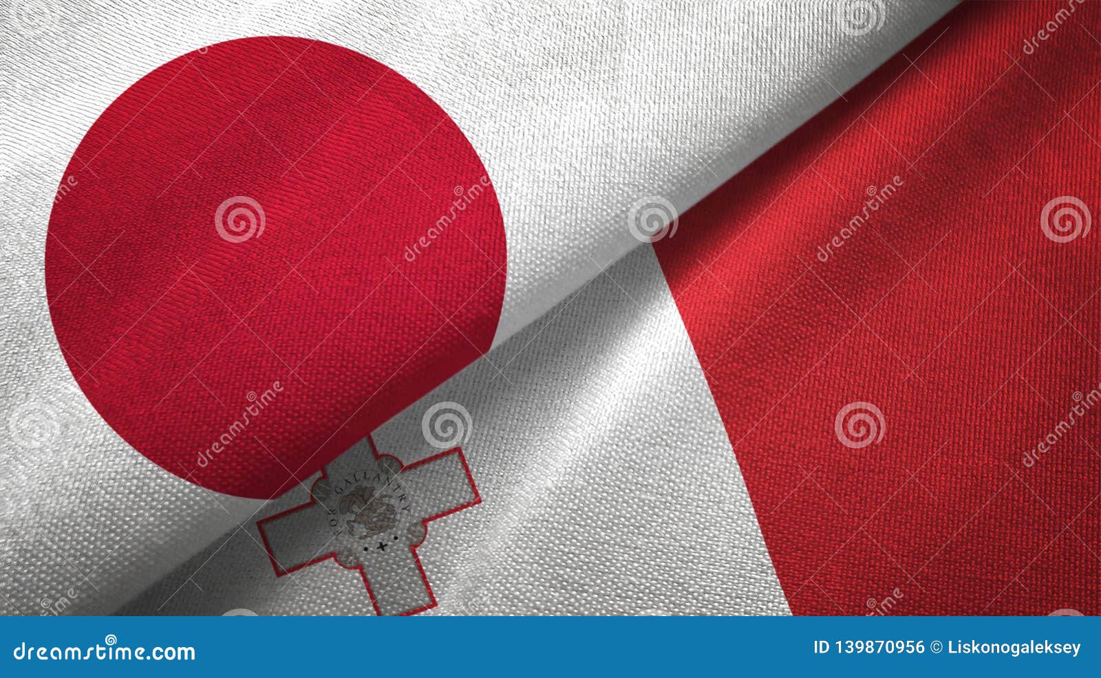 Japan and Malta Two Flags Textile Cloth, Fabric Texture Stock