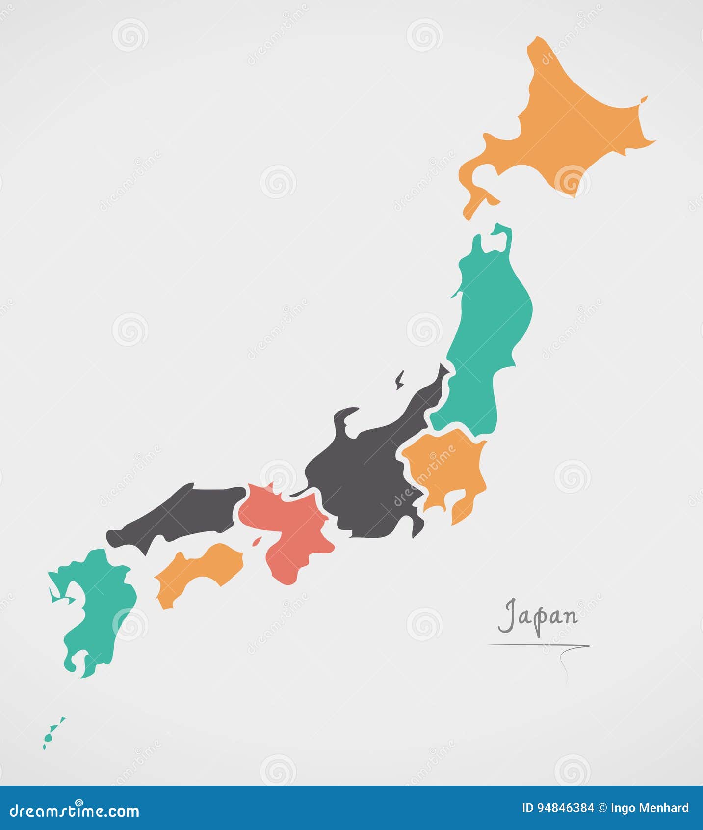 Japan Map with States and Modern Round Shapes Stock Vector