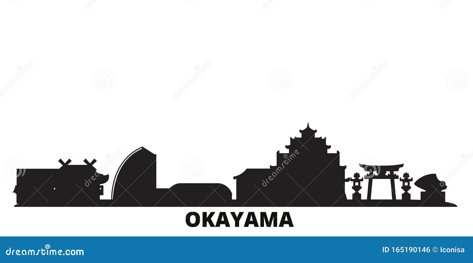 Japan, Okayama city skyline isolated vector illustration. Japan, Okayama travel black cityscape. Japan, Okayama city skyline isolated vector illustration. Japan, Okayama travel cityscape with landmarks