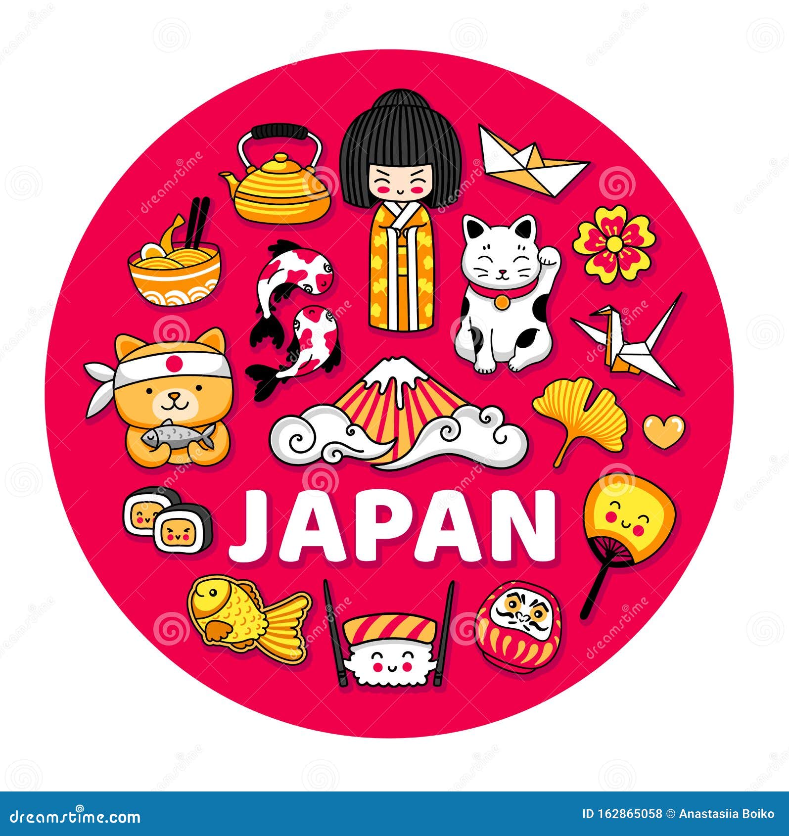 Japan. Round Cartoon Illustration with Famous Japanese Symbols Stock Vector  - Illustration of children, doodle: 162865058