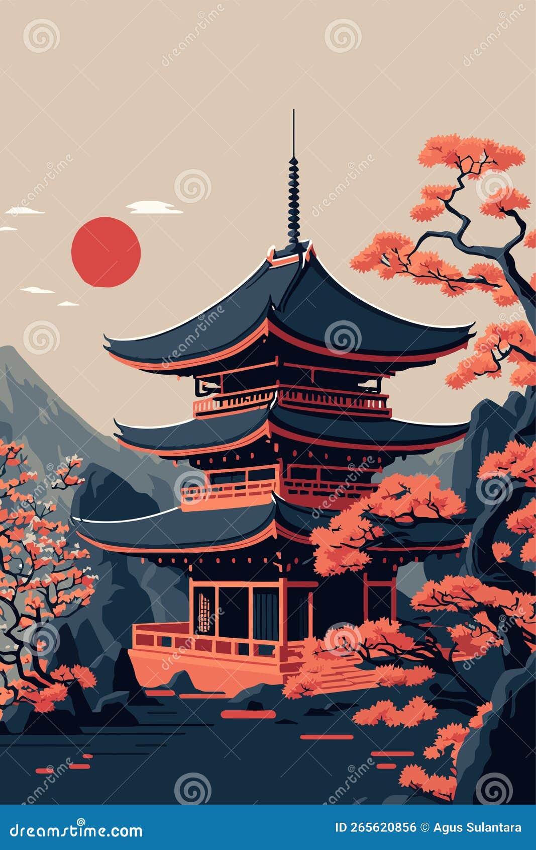 Japan Temple or Asian Pagoda, Japanese Traditional Landmark with Cherry ...