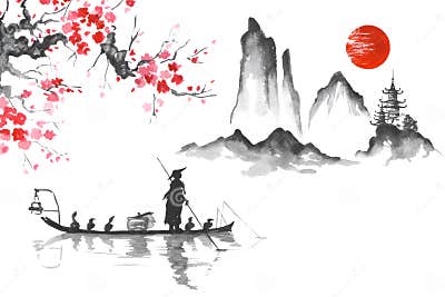 Japan Traditional Japanese Painting Sumi-e Art Man with Boat Stock ...