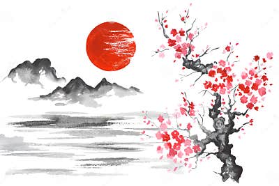 Japan Traditional Japanese Painting Sumi-e Art Sun Mountain Sakura Lake ...