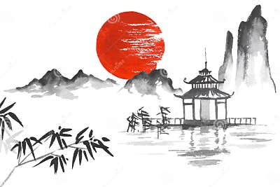 Japan Traditional Japanese Painting Sumi-e Art Sun Mountain Temple ...