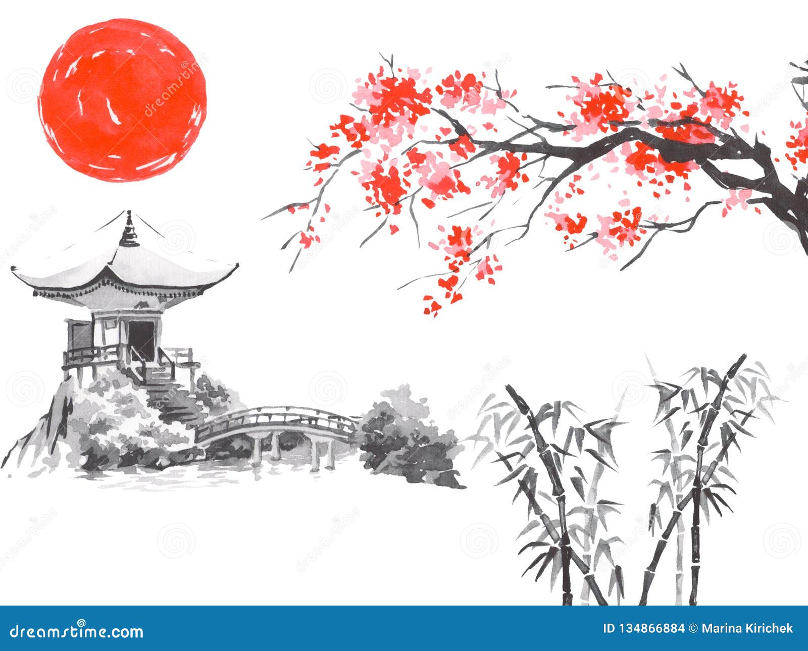 Japan Traditional Sumi-e Painting. Fuji Mountain, Sakura, Sunset. Japan ...