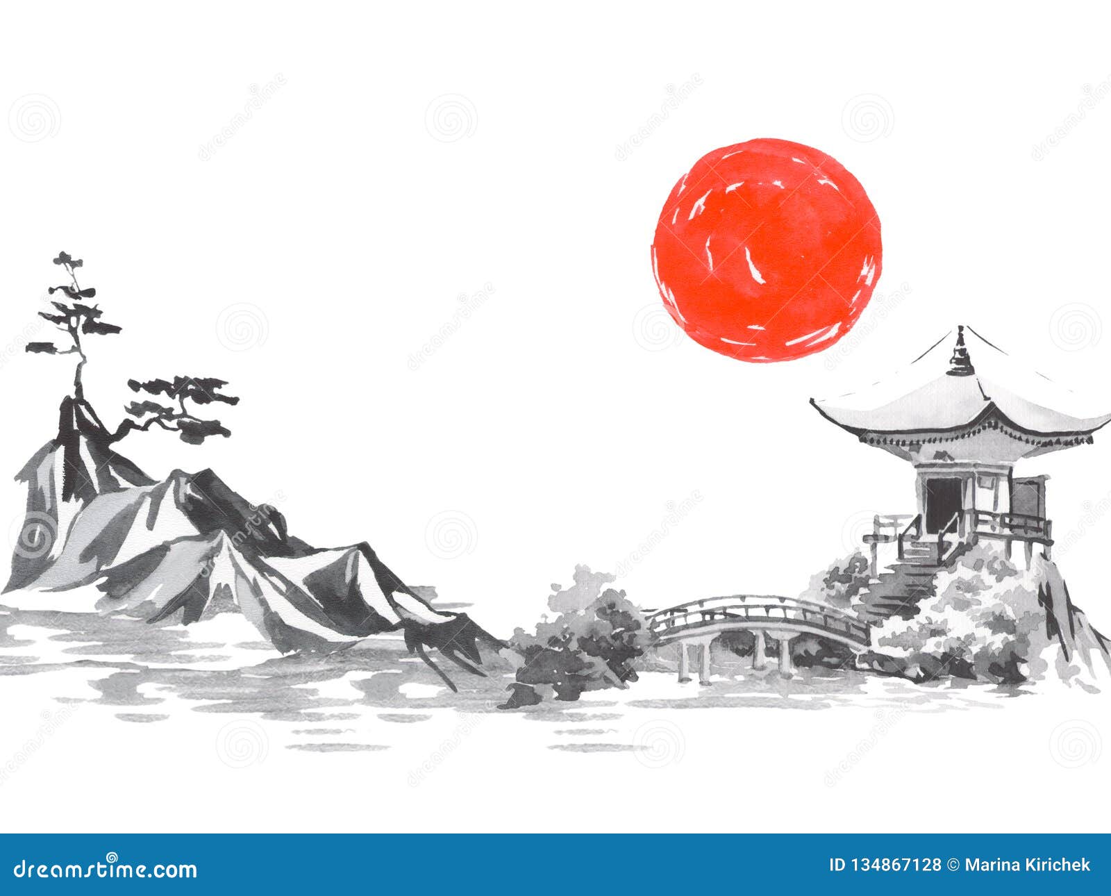 japan traditional sumi-e painting. fuji mountain, sakura, sunset. japan sun. indian ink . japanese picture.