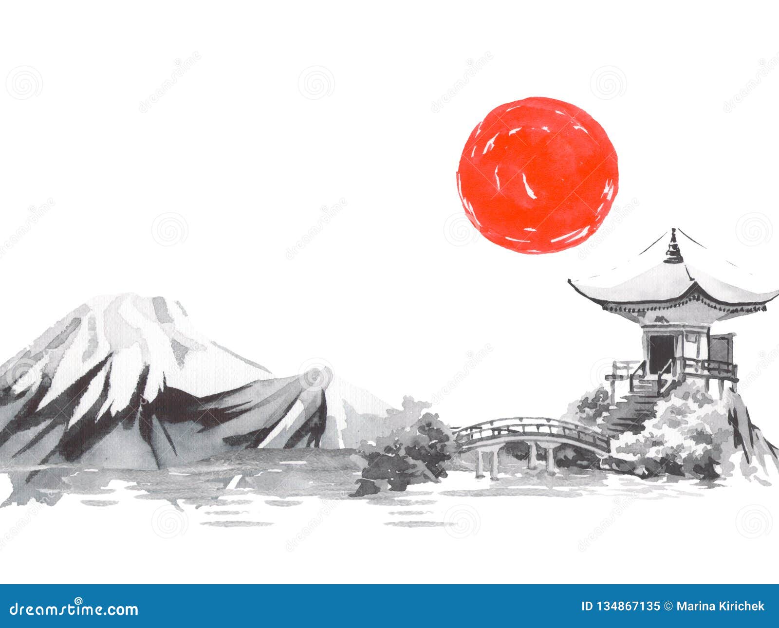 Japan Traditional Sumi-e Painting. Fuji Mountain, Sakura, Sunset. Japan ...