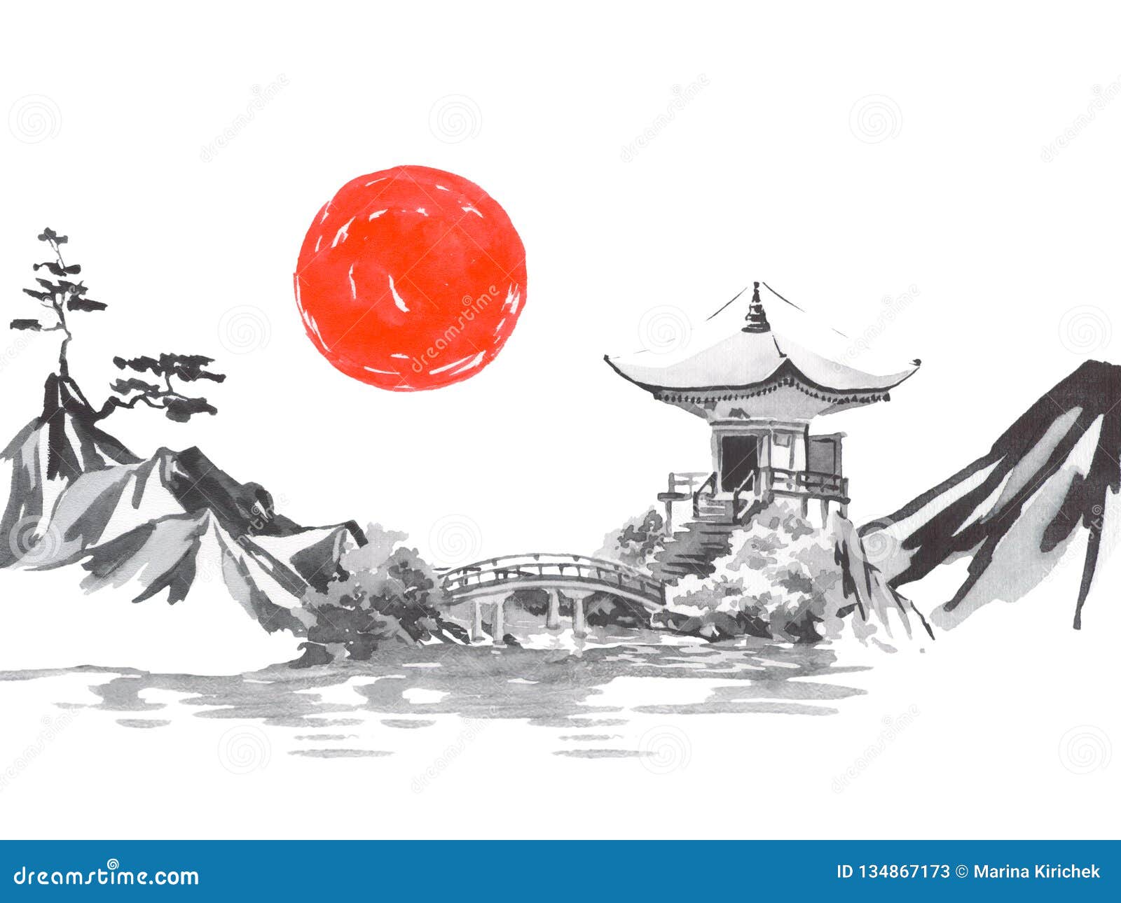 Japan Traditional Sumi-e Painting. Fuji Mountain, Sakura, Sunset. Japan ...